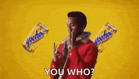 a man in a red jacket is holding a bottle of soda and asking , `` you who ? ''