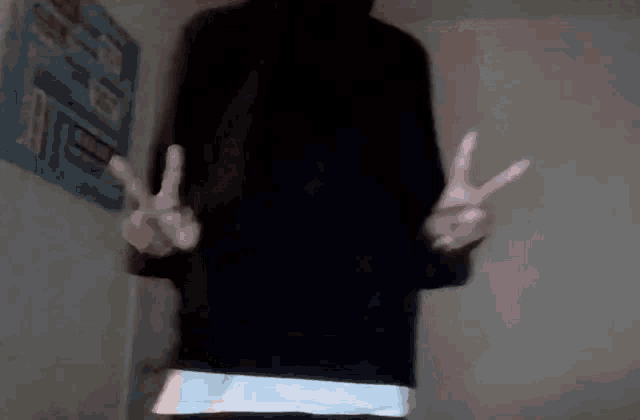 a person in a black hoodie is giving a peace sign with their hands .
