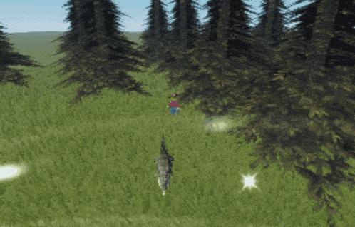 a person in a red shirt is walking through a grassy field
