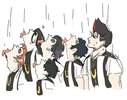 a drawing of a group of people looking up at something