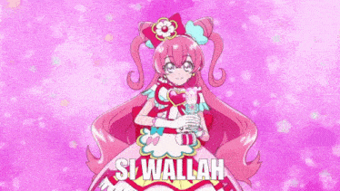 a pink anime girl with the word si wallah on the bottom right