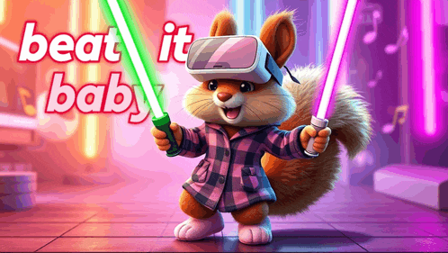 a squirrel wearing a virtual reality headset is holding two lightsabers in front of a sign that says beat it baby