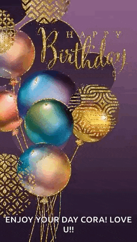 a birthday card with a bunch of colorful balloons on a purple background .