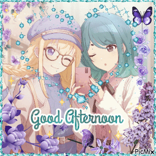 two anime girls are taking a selfie and the words good afternoon are on the bottom