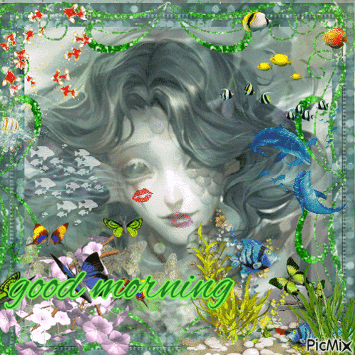 a picture of a mermaid with the words good morning written on it