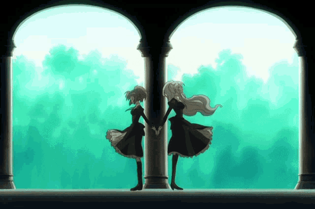 two anime girls are standing next to each other and holding hands