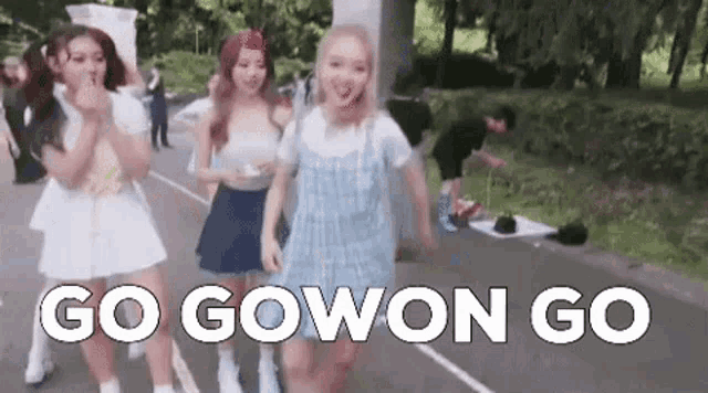 a group of girls are walking down a street with the words `` go gowon go '' written on the bottom .