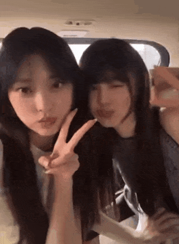 two girls are standing next to each other in a car and making peace signs .