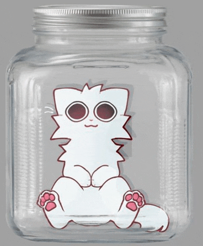 a white cat is sitting inside of a glass jar with a metal lid .