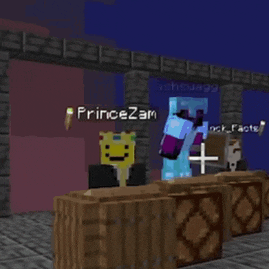 a pixel art of a blue and purple block with a white cross in front of it
