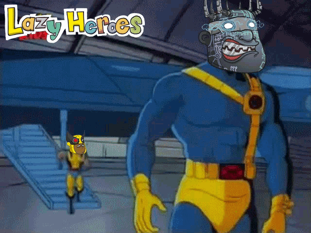 a cartoon of a man in a superhero costume with the words lazy heroes above him