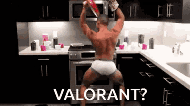 a man in underwear is dancing in a kitchen with the words valorant written on the bottom
