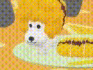 a stuffed dog with a wig on its head is sitting on a plate with a piece of cake on it .