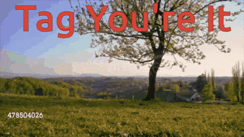 a picture of a tree in a field with the words tag you 're it in red