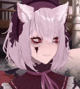 a girl with white hair and cat ears is wearing a purple dress and a purple hat .