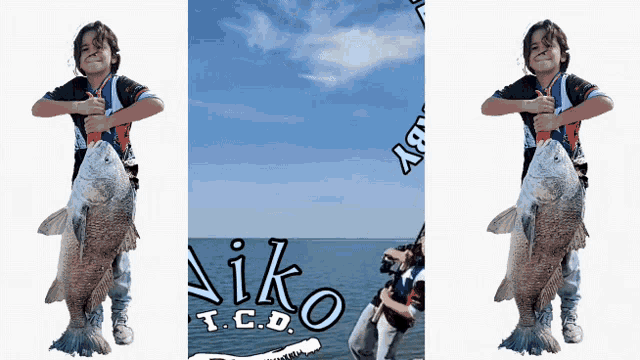 a boy is holding a large fish in front of a sign that says niko