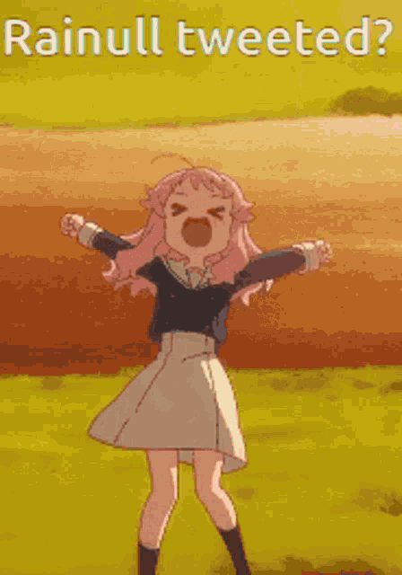 a girl with pink hair is standing in a field with her arms in the air and the words rainul tweeted written above her