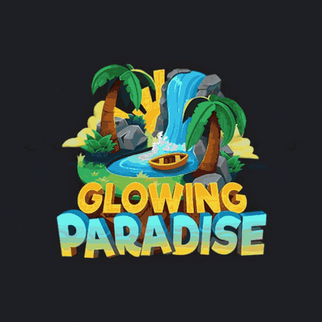 glowing paradise logo with a waterfall and palm trees on a black background