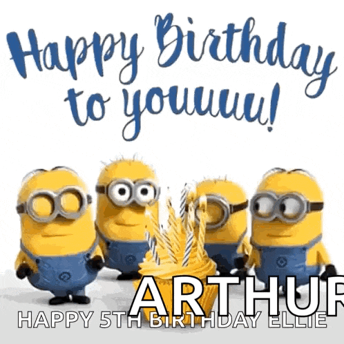 a group of minions are standing next to a cupcake with candles and the words happy birthday to you !