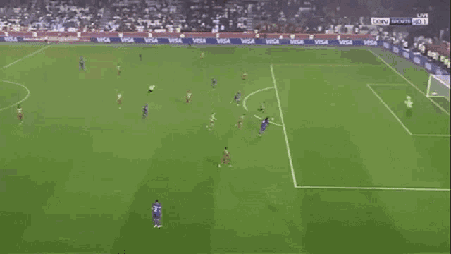 a soccer game is being played on a field that has visa ads on the sidelines