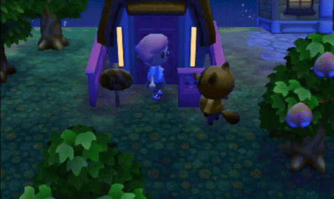 a video game character named tom nook is standing in front of a house