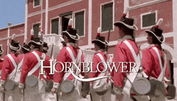 a group of men in red uniforms are standing in front of a building with hornblower written on the bottom