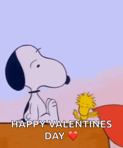 a cartoon of snoopy and woodstock holding a heart and wishing happy valentines day