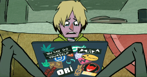 a cartoon of a man sitting in front of a laptop with stickers on it that say ori