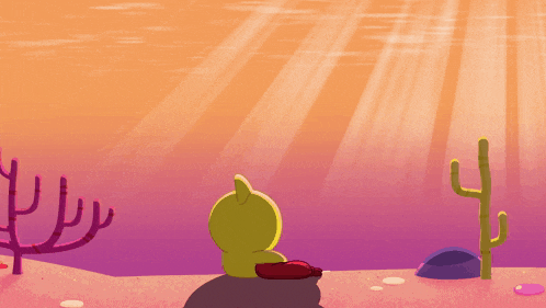 a cartoon drawing of a cactus and a cat looking at the sun