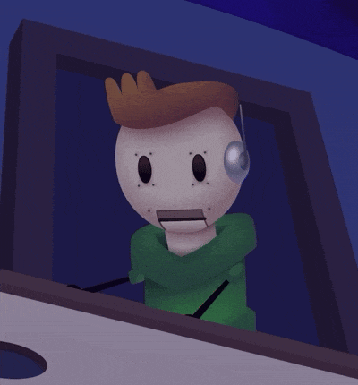 a cartoon character wearing headphones looks out a window