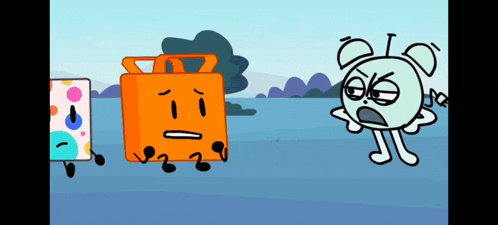 a cartoon drawing of a suitcase , a clock , and a box with a sad face .