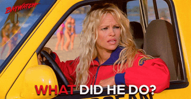 a woman in a lifeguard uniform is driving a yellow baywatch car