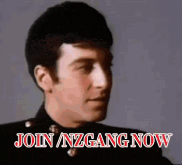 a man in a black uniform says " join / nzgang now " in red letters