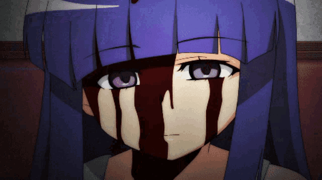 a close up of a girl with blood dripping from her face