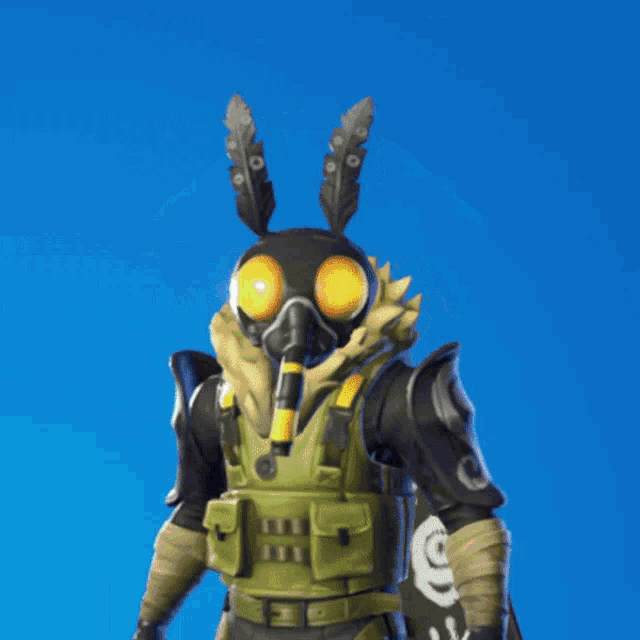 a man in a gas mask is standing with his hands up in the air
