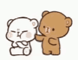 a couple of teddy bears are sitting next to each other and one of them is petting the other 's face .