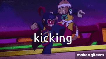 a cartoon character kicking another character with the words kicking below it