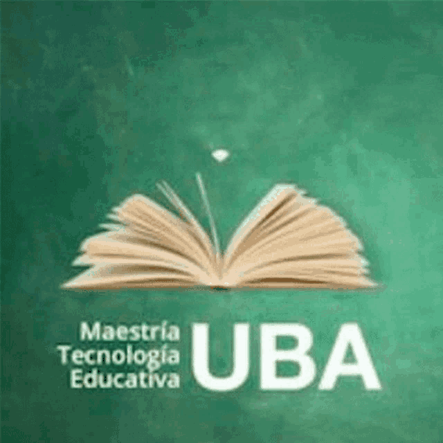 a green chalkboard with an open book and the words maestria tecnologia educativa uba