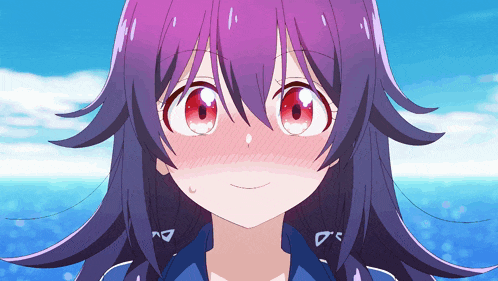 a girl with long purple hair and red eyes looks surprised