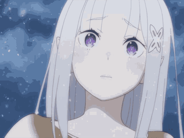 a girl with white hair and purple eyes has a flower on her ear