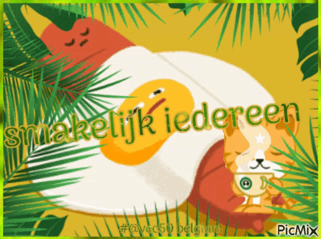 a picture of a cat and an egg with the words smakelijk iedereen written on it