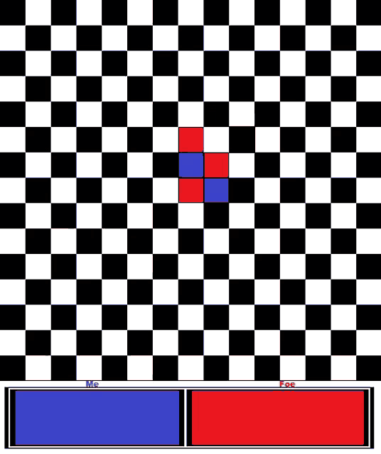 a black and white checkered background with a red and blue square in the middle .