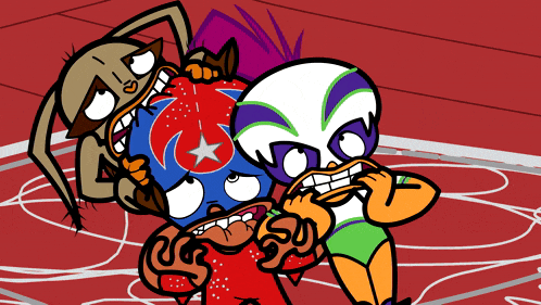 a cartoon of three wrestlers with one wearing a red mask