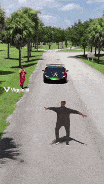 a man with his arms outstretched in front of a car that says viggle ai on the bottom