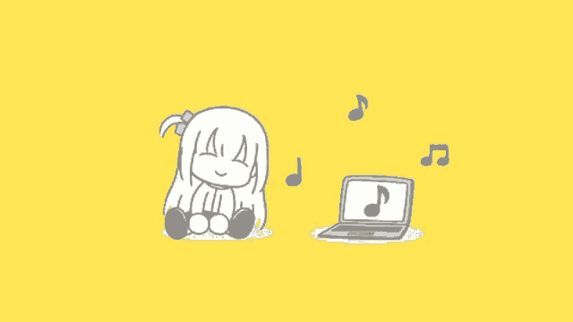 a cartoon of a girl sitting next to a laptop with music notes coming out of it .