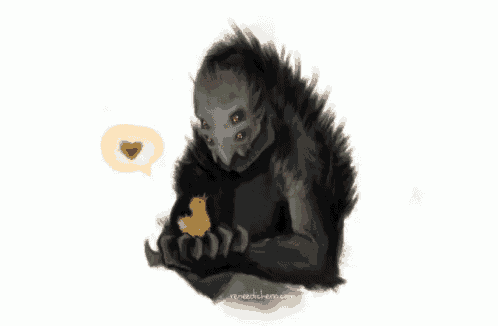 a drawing of a monster holding a yellow chicken with a heart in the background