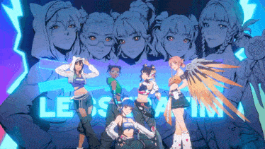 a group of anime girls are standing in front of a sign that says less ain