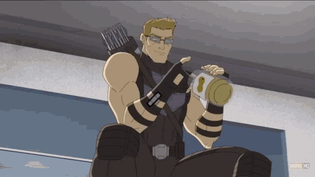a cartoon of hawkeye from marvel holding a cane
