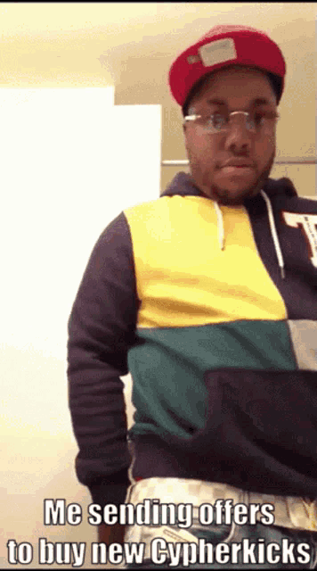 a man wearing a hat and glasses says he is sending offers to buy new cypherkicks