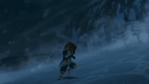 a cartoon character is running in the snow with a large blue crystal in the background